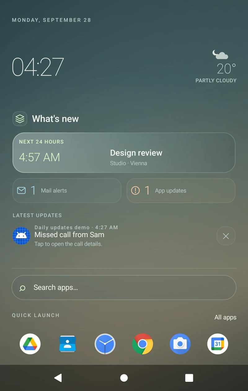 The same launcher on the cover screen, with the clock, What’s new and app search.